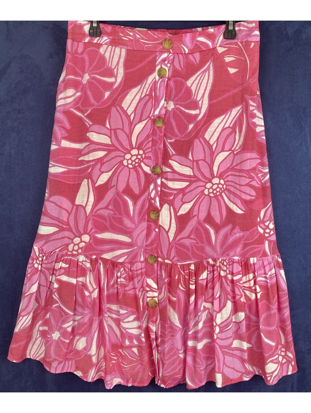 Mlle Gabrielle Skirt Sz L. Pink Floral Button Front Midi Retro Look